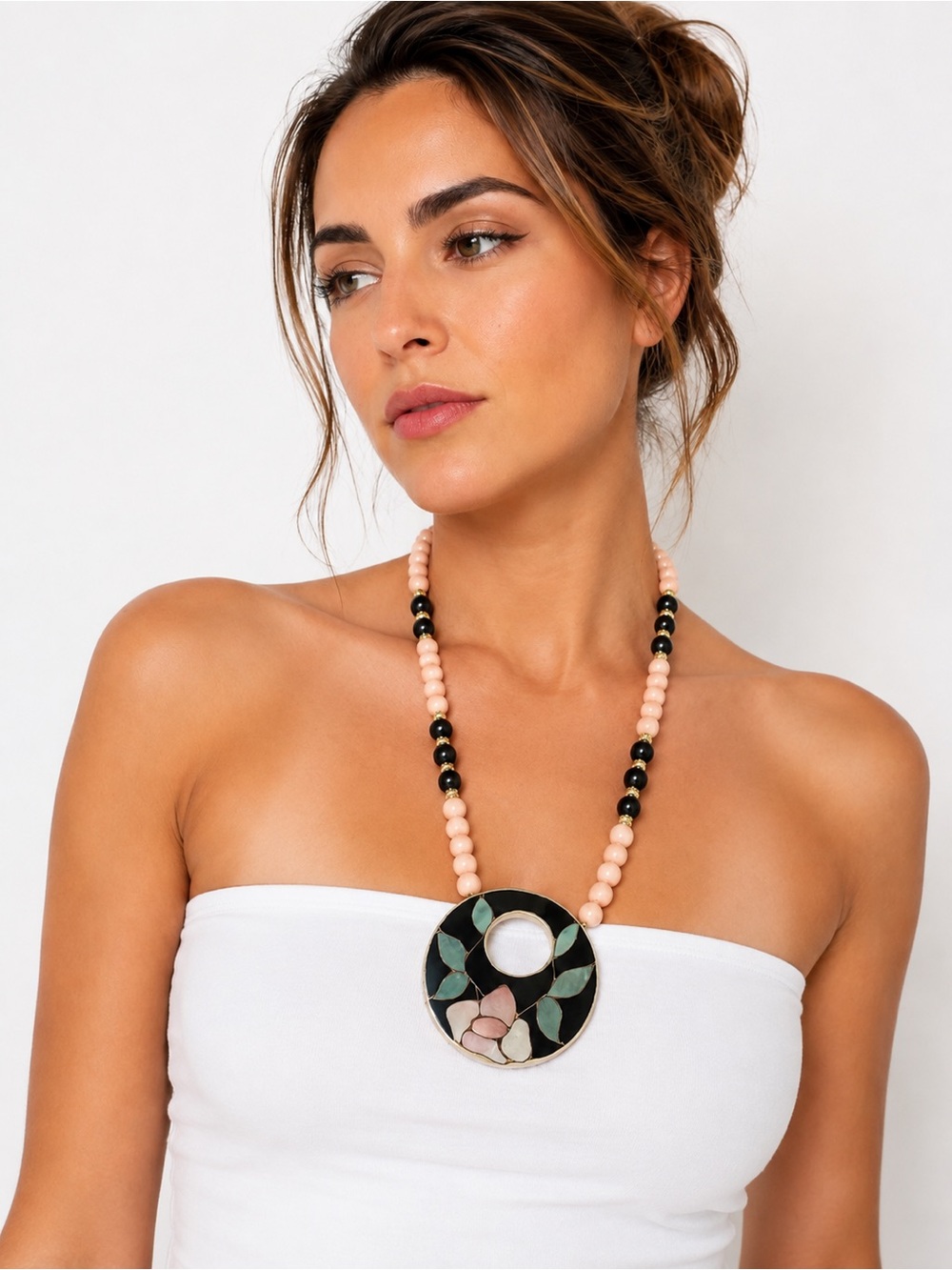 Vintage Statement Necklace Mother Of Pearl‎ Pendant Gold Tone 24"